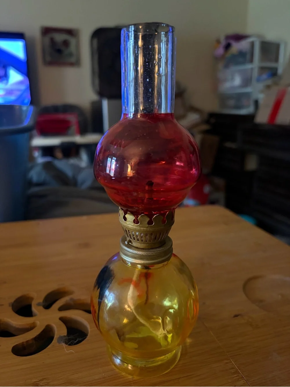 Vintage Two-Tone Glass Oil Lamp — Red & Yellow